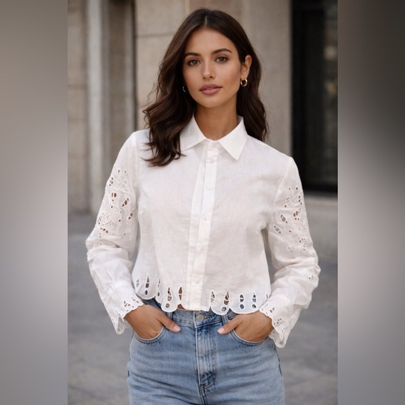 Christian Lacroix Tops - Christian Lacroix Womens White Linen Blend Eyelet Summer Button-Down Shirt EUC M